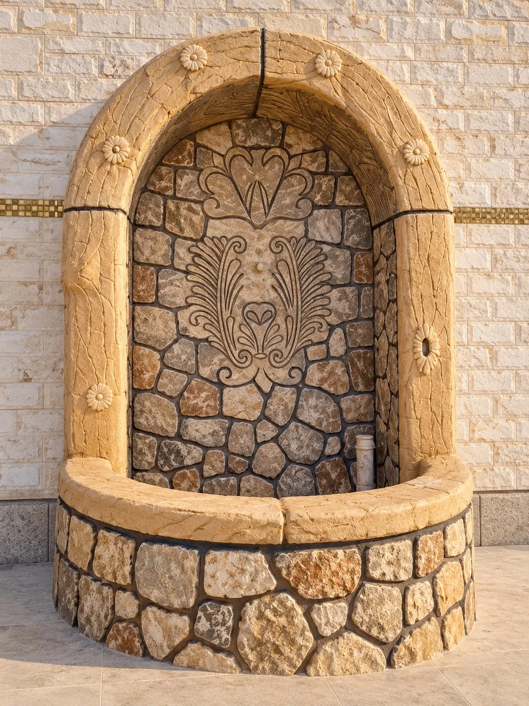 Kemerli doğal taş duvar çeşmesi, ortasında elde oyulmuş kabartma motif ve çiçek rozetli kemer