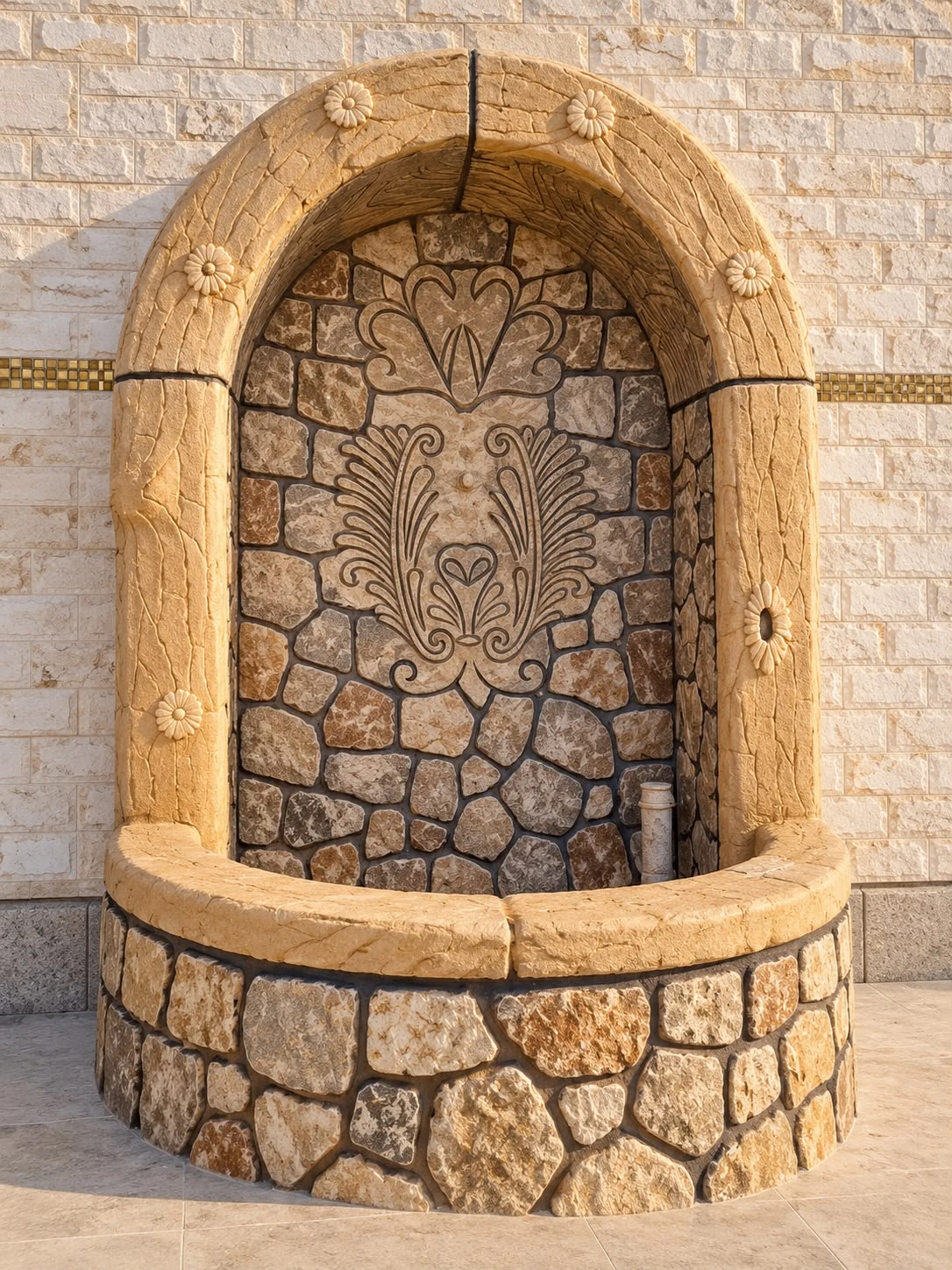 Kemerli doğal taş duvar çeşmesi, ortasında elde oyulmuş kabartma motif ve çiçek rozetli kemer